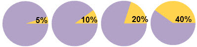 Four pie graphs in a row: first graph is labeled 5% with 5% of the graph shaded, second graph is labeled 10% with 10% of the graph shaded, third graph is labeled 20% with 20% of the graph shaded and fourth graph is labeled 40% with 40% of the graph shaded